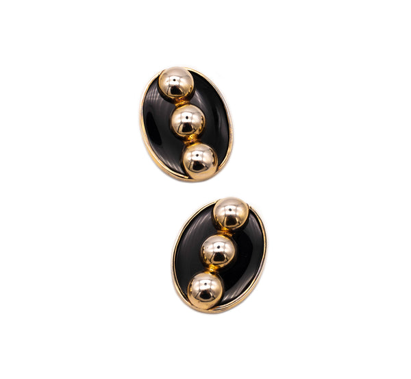 TURE 1970'S MODERNIST PAIR OF GEOMETRIC EARRINGS IN STERLING SILVER & BLACK ONYX