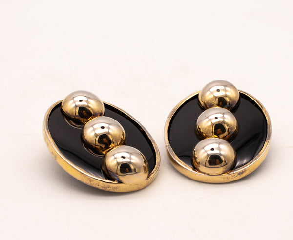 TURE 1970'S MODERNIST PAIR OF GEOMETRIC EARRINGS IN STERLING SILVER & BLACK ONYX