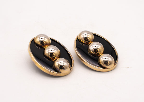 TURE 1970'S MODERNIST PAIR OF GEOMETRIC EARRINGS IN STERLING SILVER & BLACK ONYX