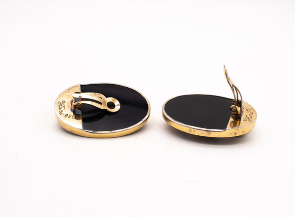 TURE 1970'S MODERNIST PAIR OF GEOMETRIC EARRINGS IN STERLING SILVER & BLACK ONYX