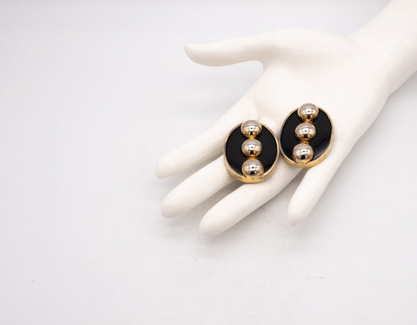 TURE 1970'S MODERNIST PAIR OF GEOMETRIC EARRINGS IN STERLING SILVER & BLACK ONYX