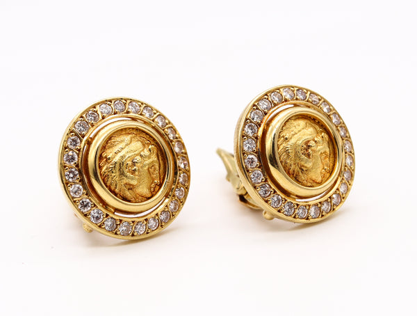 Ancient Greek 359 BC Classic Gold Coins Earrings In 18Kt Gold With 2.42 Cts In VS Diamonds