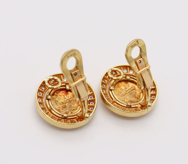 Ancient Greek 359 BC Classic Gold Coins Earrings In 18Kt Gold With 2.42 Cts In VS Diamonds