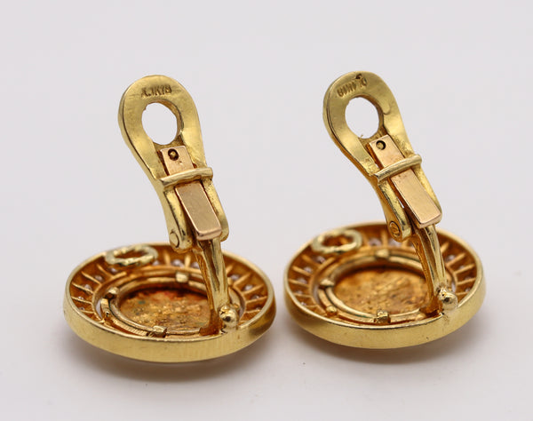 Ancient Greek 359 BC Classic Gold Coins Earrings In 18Kt Gold With 2.42 Cts In VS Diamonds