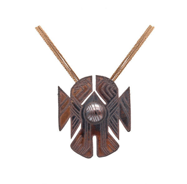 Thomas Gentille 1970 Rare Sculptural Ethnics Necklace In Copper And Silk