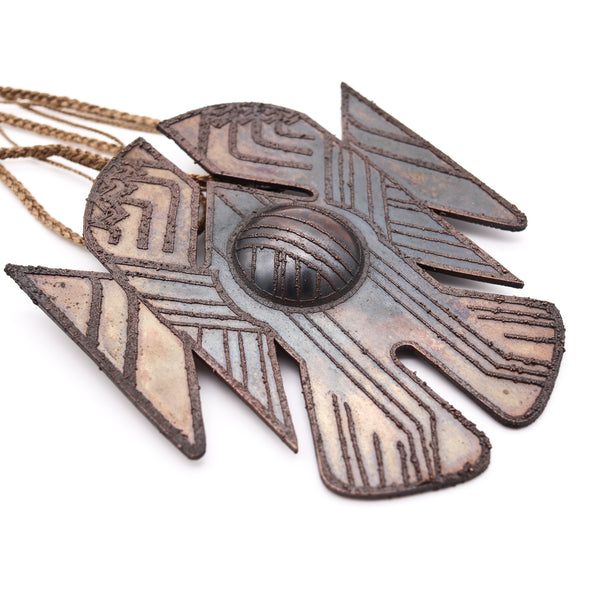 Thomas Gentille 1970 Rare Sculptural Ethnics Necklace In Copper And Silk