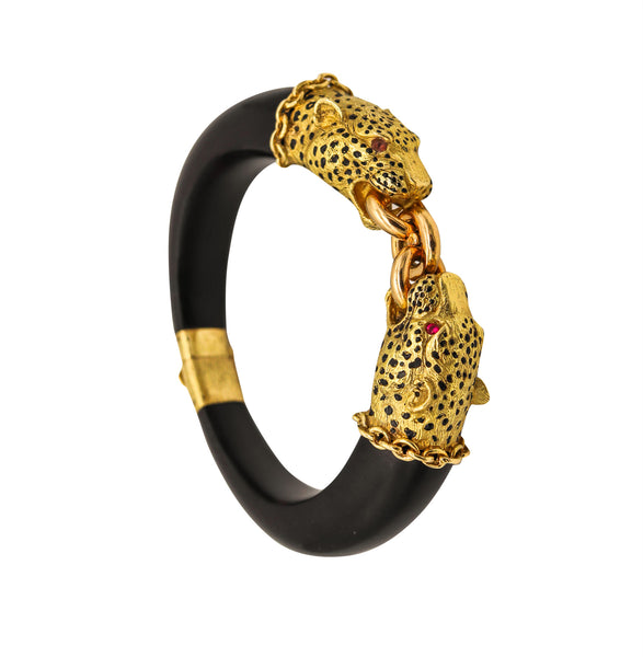 GAY FRERES 1960 Paris Feline Enamel And Wood Bracelet In 18Kt Gold With Rubies