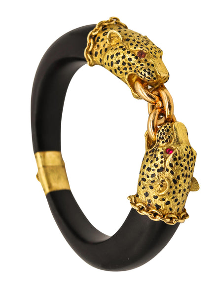 GAY FRERES 1960 Paris Feline Enamel And Wood Bracelet In 18Kt Gold With Rubies