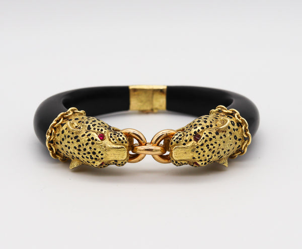 GAY FRERES 1960 Paris Feline Enamel And Wood Bracelet In 18Kt Gold With Rubies