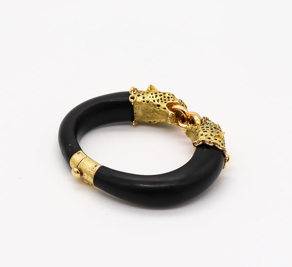 GAY FRERES 1960 Paris Feline Enamel And Wood Bracelet In 18Kt Gold With Rubies