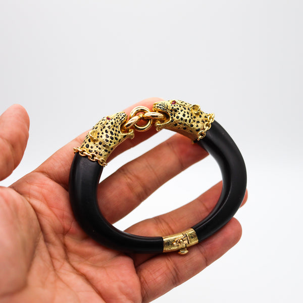 GAY FRERES 1960 Paris Feline Enamel And Wood Bracelet In 18Kt Gold With Rubies