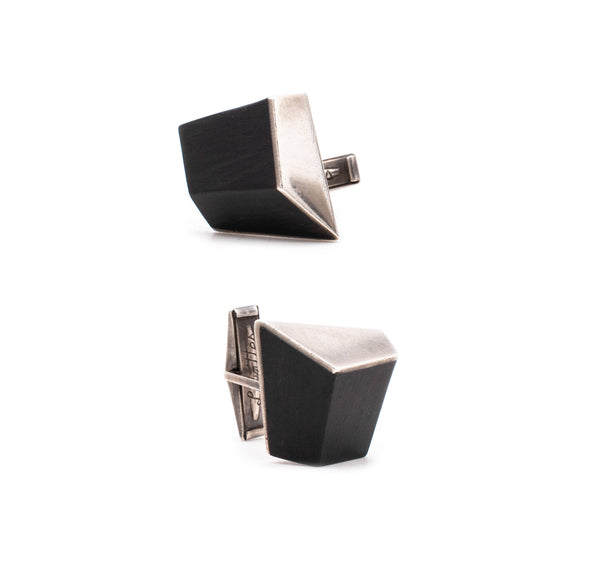 -Esther Lewittes Modernist 1950 Geometric Cufflinks In sterling Silver & Ebony Wood