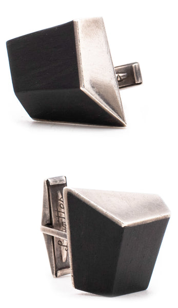 -Esther Lewittes Modernist 1950 Geometric Cufflinks In sterling Silver & Ebony Wood