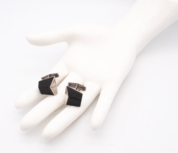 -Esther Lewittes Modernist 1950 Geometric Cufflinks In sterling Silver & Ebony Wood