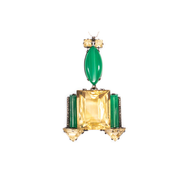 *Germany 1920 Art Deco important geometric necklace in sterling with 155 Ctw in citrines & chrysoprase
