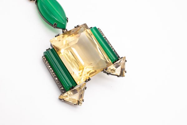 *Germany 1920 Art Deco important geometric necklace in sterling with 155 Ctw in citrines & chrysoprase