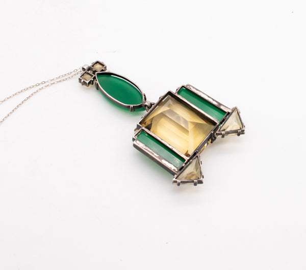 *Germany 1920 Art Deco important geometric necklace in sterling with 155 Ctw in citrines & chrysoprase