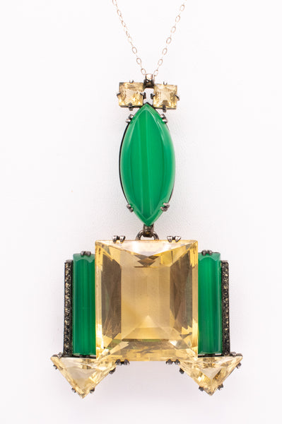 *Germany 1920 Art Deco important geometric necklace in sterling with 155 Ctw in citrines & chrysoprase