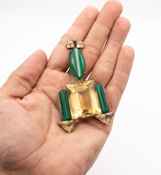 *Germany 1920 Art Deco important geometric necklace in sterling with 155 Ctw in citrines & chrysoprase
