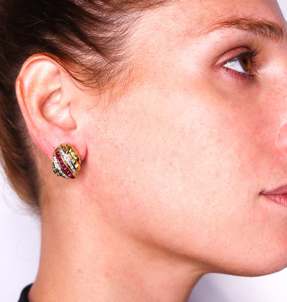 Modern 1970 Gem Set Clips Earrings In 18Kt Yellow Gold With 3.42 Cts In Rubies And Diamonds