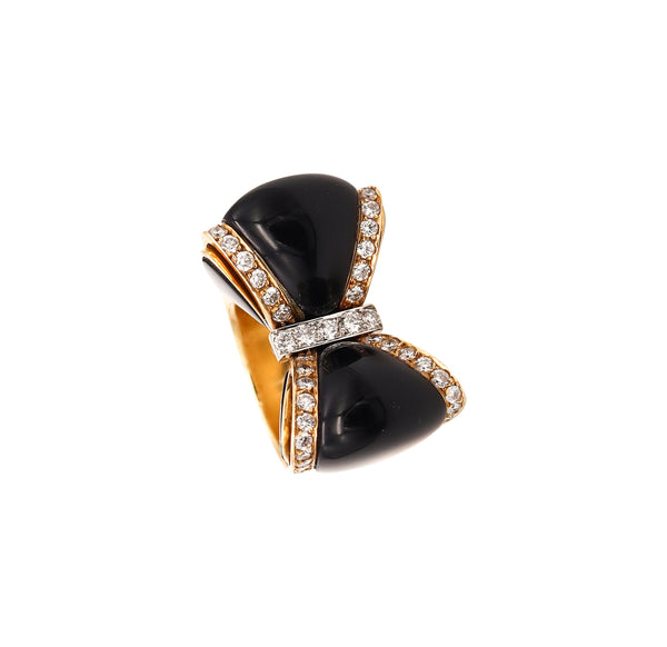 Giorgio Chilleri Bow Cocktail Ring In 18 kt Gold With 1.80 Cts In Diamonds Onyxes And Enamel