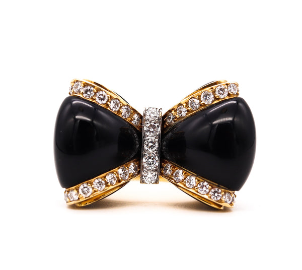 Giorgio Chilleri Bow Cocktail Ring In 18 kt Gold With 1.80 Cts In Diamonds Onyxes And Enamel