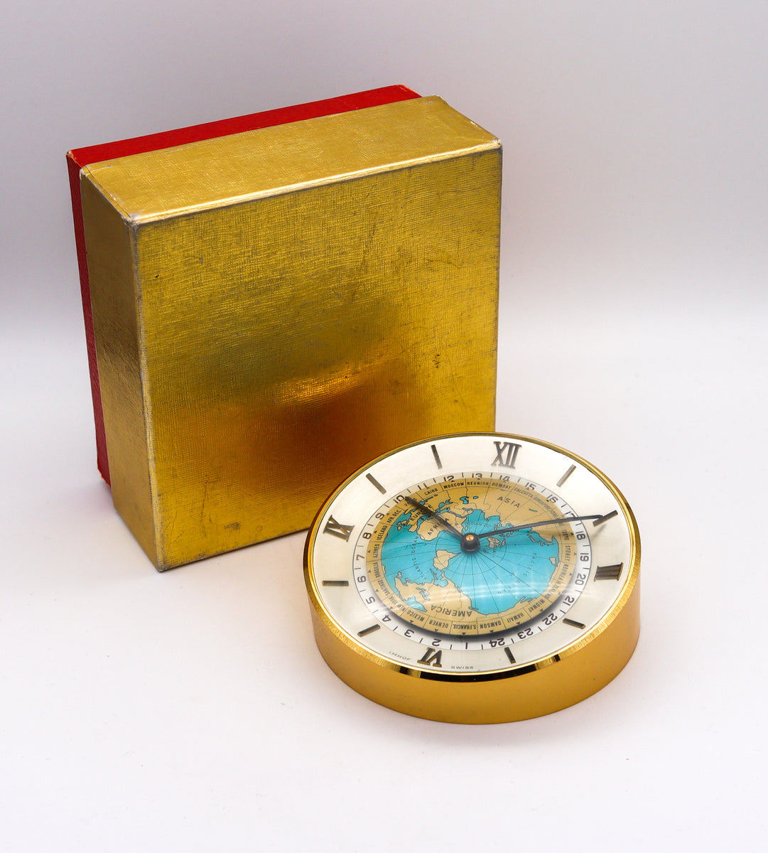 Imhof Switzerland World Jewelry Desk 1960 In Clock Days Timer 24 – 8 Fine Bronze With Treasure