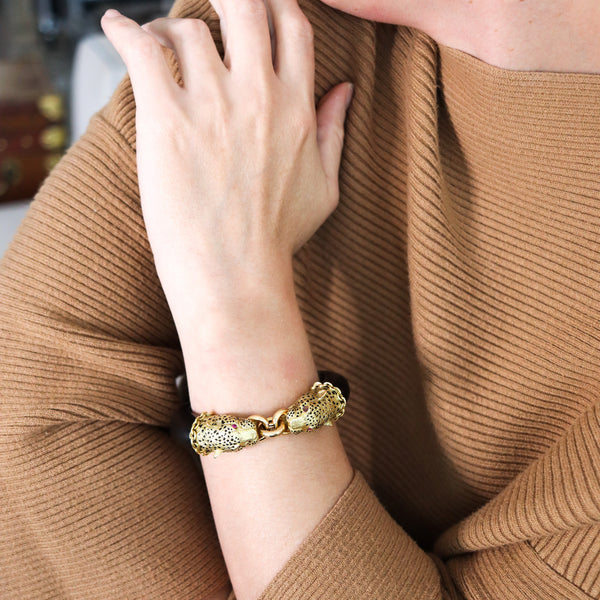 GAY FRERES 1960 Paris Feline Enamel And Wood Bracelet In 18Kt Gold With Rubies