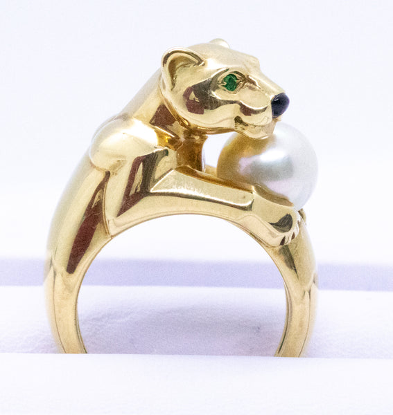 CARTIER PARIS 18 KT RARE PANTHER WITH PEARL RING