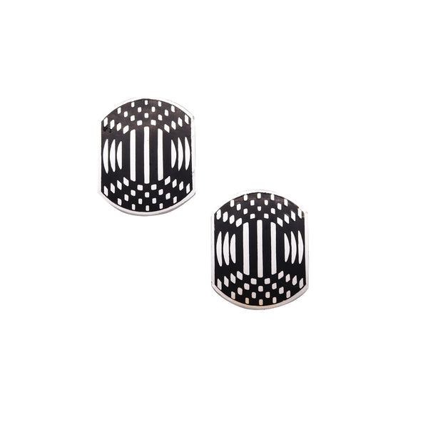 Victor Vasarely 1985 Op Art Sculptural Geometric Earrings In Sterling With Black Enamel