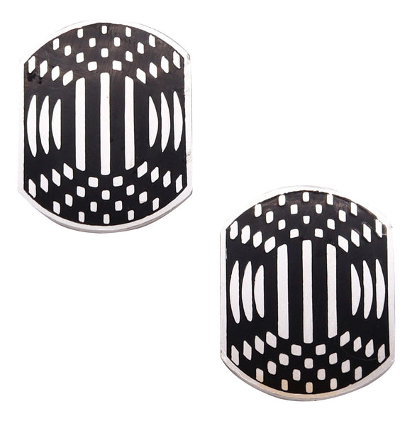 Victor Vasarely 1985 Op Art Sculptural Geometric Earrings In Sterling With Black Enamel