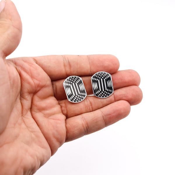 Victor Vasarely 1985 Op Art Sculptural Geometric Earrings In Sterling With Black Enamel