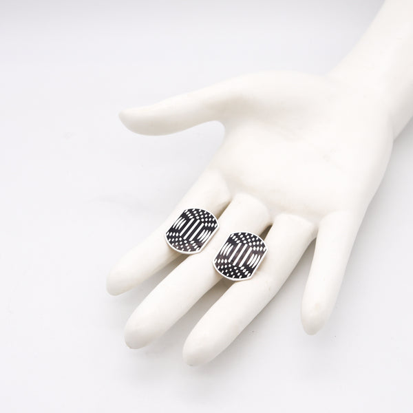 Victor Vasarely 1985 Op Art Sculptural Geometric Earrings In Sterling With Black Enamel