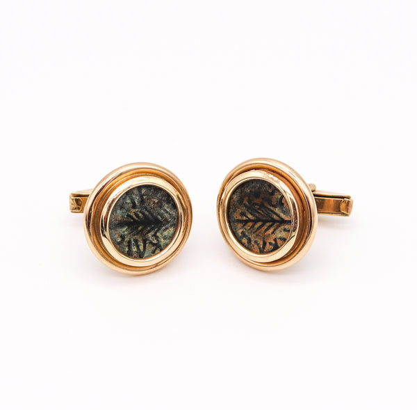 Ancient Rome Judaea 58 AD Bronze Prutah Coins Cufflinks In 14Kt Yellow Gold