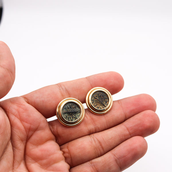 Ancient Rome Judaea 58 AD Bronze Prutah Coins Cufflinks In 14Kt Yellow Gold