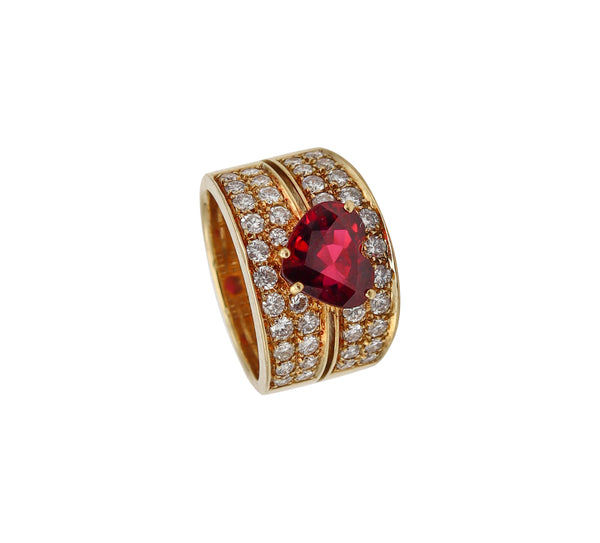Gia Certified Cocktail Ring In 18Kt Yellow Gold With 4.11 Cts Heart Cut Red Ruby And Diamonds