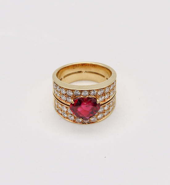 Gia Certified Cocktail Ring In 18Kt Yellow Gold With 4.11 Cts Heart Cut Red Ruby And Diamonds