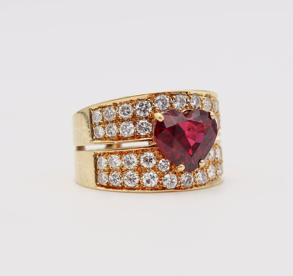 Gia Certified Cocktail Ring In 18Kt Yellow Gold With 4.11 Cts Heart Cut Red Ruby And Diamonds