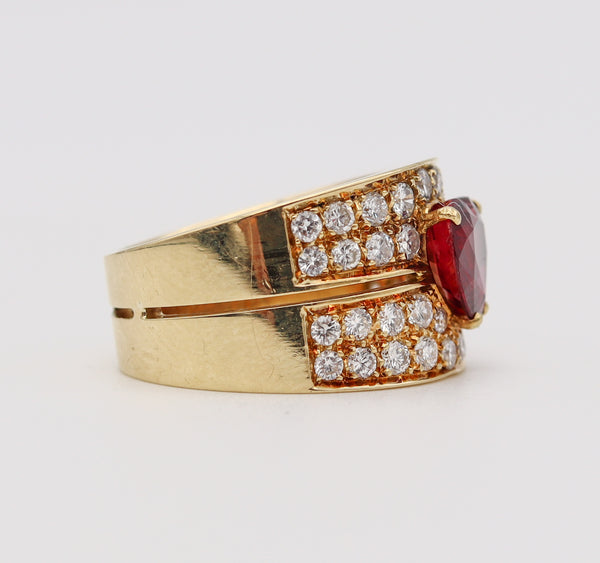Gia Certified Cocktail Ring In 18Kt Yellow Gold With 4.11 Cts Heart Cut Red Ruby And Diamonds