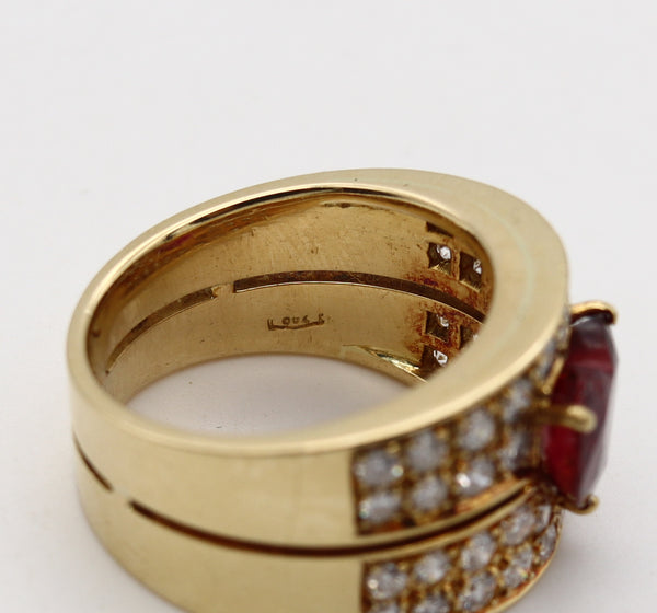 Gia Certified Cocktail Ring In 18Kt Yellow Gold With 4.11 Cts Heart Cut Red Ruby And Diamonds