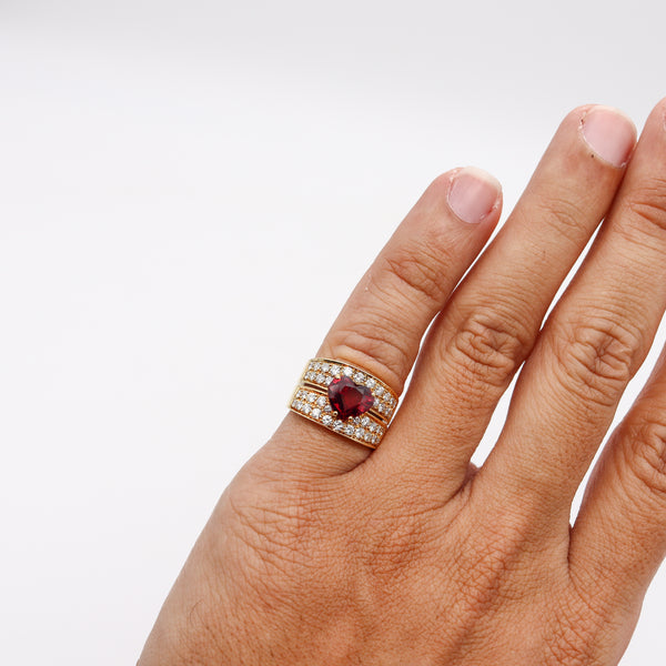 Gia Certified Cocktail Ring In 18Kt Yellow Gold With 4.11 Cts Heart Cut Red Ruby And Diamonds