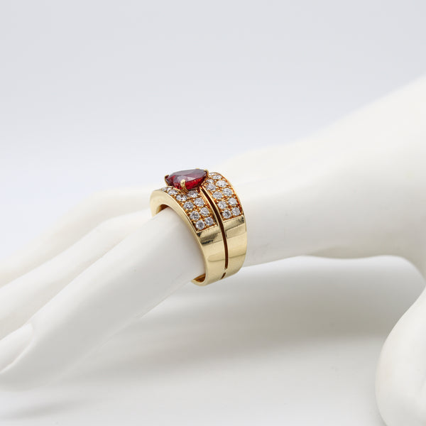 Gia Certified Cocktail Ring In 18Kt Yellow Gold With 4.11 Cts Heart Cut Red Ruby And Diamonds