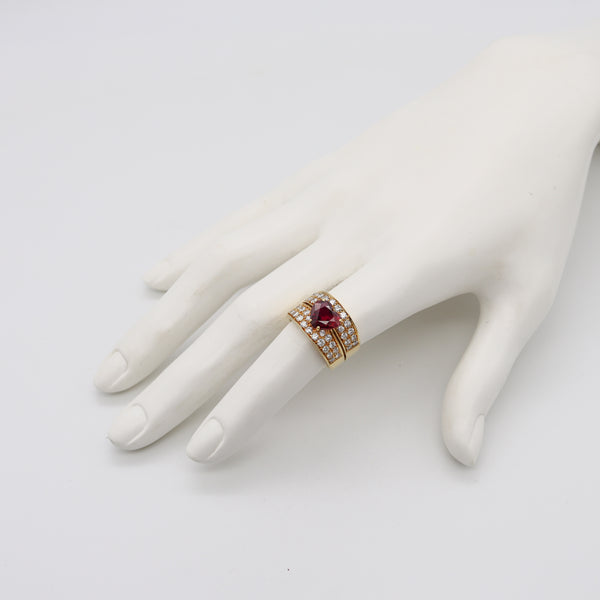 Gia Certified Cocktail Ring In 18Kt Yellow Gold With 4.11 Cts Heart Cut Red Ruby And Diamonds