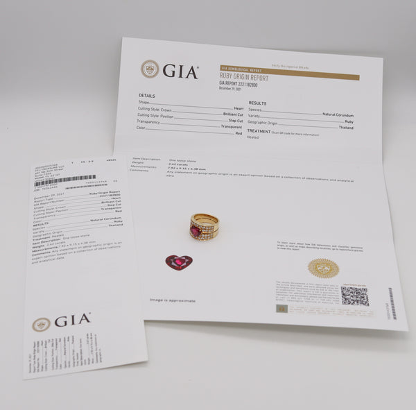 Gia Certified Cocktail Ring In 18Kt Yellow Gold With 4.11 Cts Heart Cut Red Ruby And Diamonds