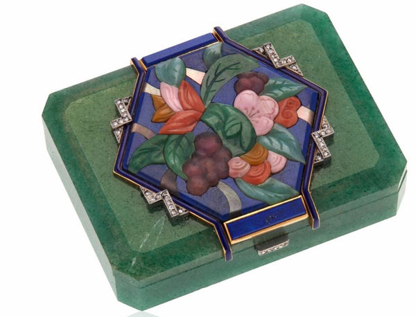 French-Austrian 1920 Art Deco Jardiniere Pendant Brooch With Carved Agates & Diamonds