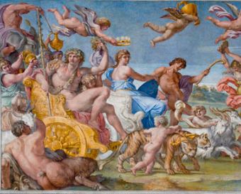 French Baroque 19th Century Enameled Brooch Of Triumph Of Bacchus With Cupid In 18Kt Gold