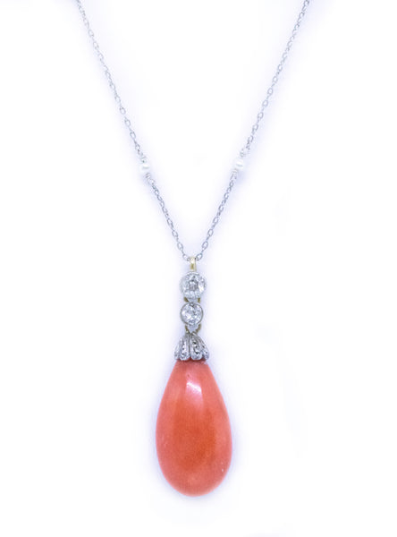 PLATINUM & 18 KT CORAL BRIOLETTE ANTIQUE NECKLACE WITH DIAMONDS