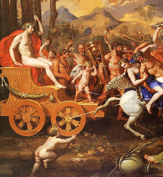 French Baroque 19th Century Enameled Brooch Of Triumph Of Bacchus With Cupid In 18Kt Gold