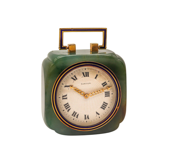 Cartier Paris 1920 Art Deco Chinoiserie Desk Clock In Nephrite Jade Enamel And 18Kt Gold