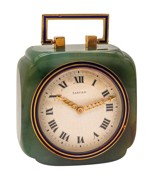 Cartier Paris 1920 Art Deco Chinoiserie Desk Clock In Nephrite Jade Enamel And 18Kt Gold